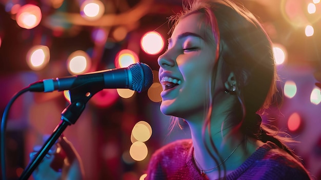 Mujer joven cantando en un micrófono con un colorido fondo de luces