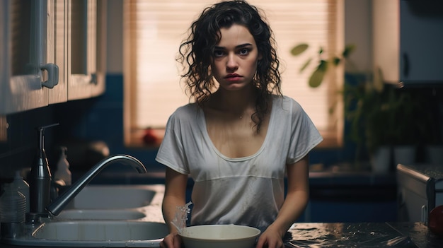Una mujer joven con una cara triste lava platos