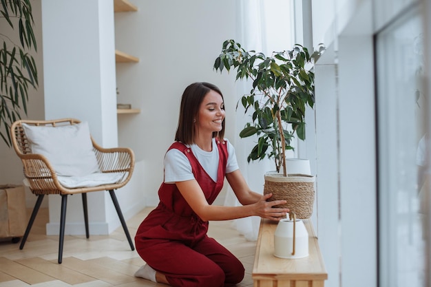 Mujer joven en casa pone la planta de casa en una maceta en el alféizar de la ventana