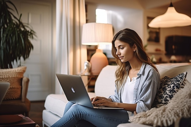 Foto mujer joven en casa usando una computadora portátil para navegar por un sitio de compras minoristas en línea está sentada en un sofá en su acogedora sala de estar tomada por la cámara por encima del hombro