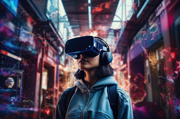 Mujer joven con casco de realidad virtual contra el fondo de la ciudad nocturna Técnica mixta una persona con gafas de realidad virtual inmersa en un entorno futurista de alta tecnología Generado por IA