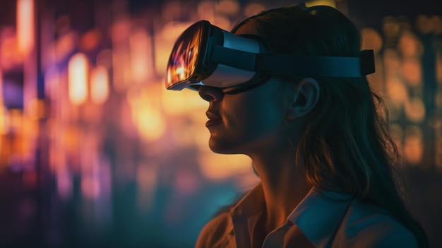 Mujer joven con casco de realidad virtual experimentando una experiencia inmersiva por la noche brillo de neón de realidad virtual