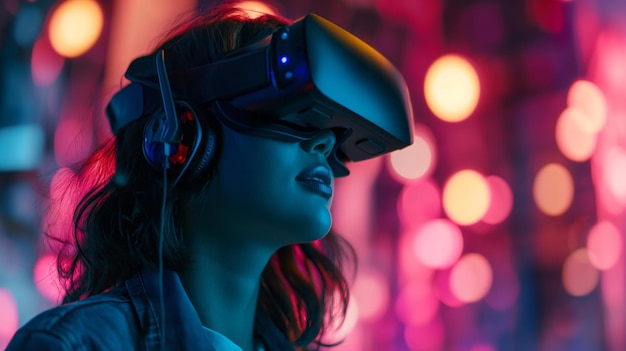 Mujer joven con casco de realidad virtual experimentando una experiencia inmersiva por la noche brillo de neón de realidad virtual