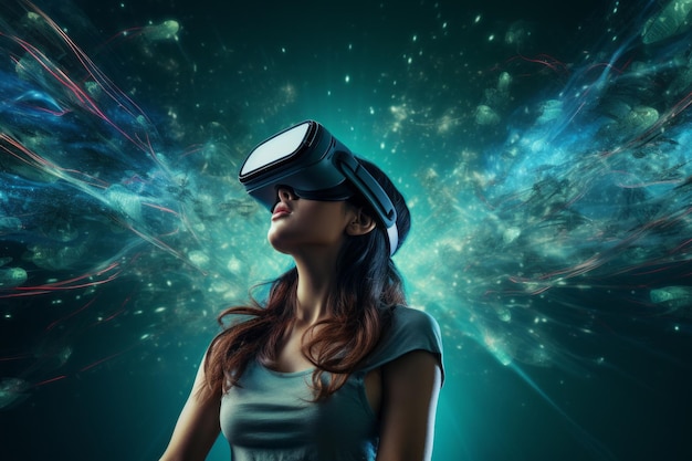 Mujer joven con casco de realidad virtual con fondo de nebulosa