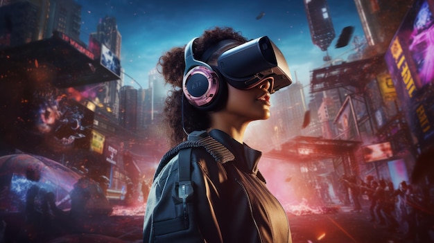 Mujer joven con casco de realidad virtual en metaverso de juegos de ciudad futurista