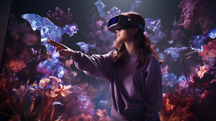 Mujer joven en casco de realidad virtual tocando la pantalla con el dedo