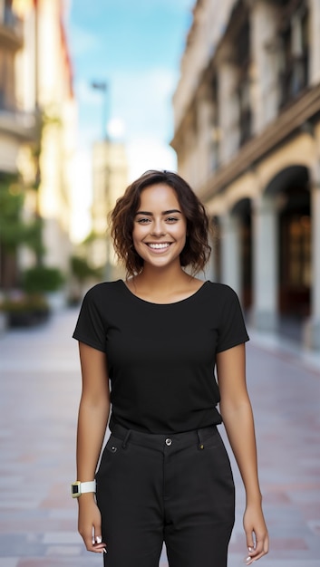 mujer joven, en, casual, camiseta negra, posición