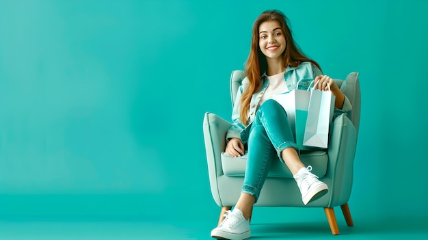 Mujer joven casual sentada en una silla con telón de fondo turquesa postura relajada concepto de estilo de vida de moda moderno sonrisa felicidad expresada AI