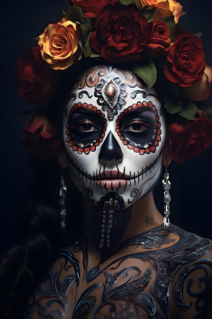 Mujer joven catrina maquillaje calavera de azúcar Dias de los muertos día de los muertos