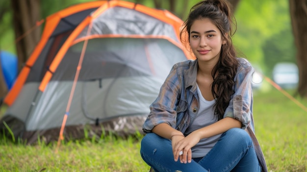 Mujer joven cautivadora disfrutando de acampar en un hermoso paisaje al aire libre con iluminación natural