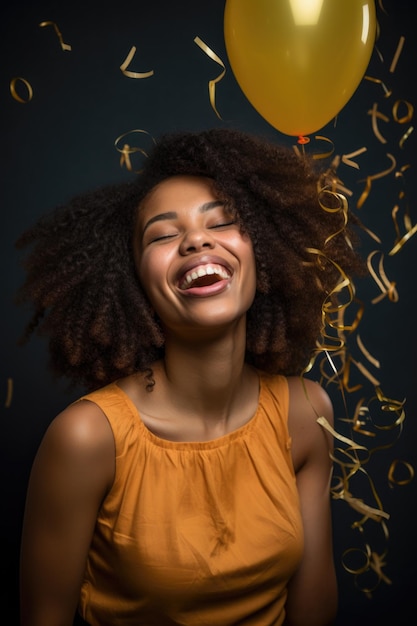 Foto una mujer joven celebrando su éxito y logro