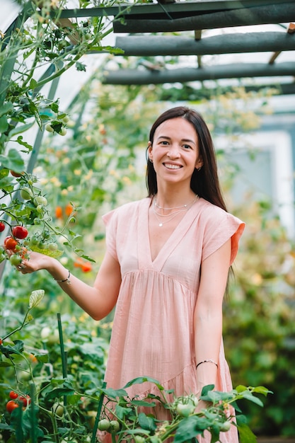 Mujer joven con cesta de vegetación y verduras en el invernadero. tiempo de cosecha