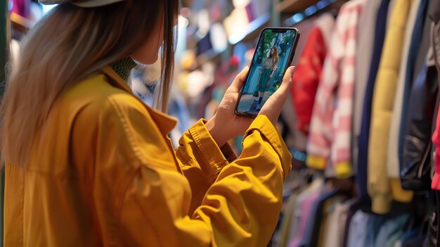 Una mujer joven con una chaqueta amarilla está usando su teléfono inteligente para tomar una foto de un vestido en una tienda Ella está mirando el vestido en la cámara del teléfono