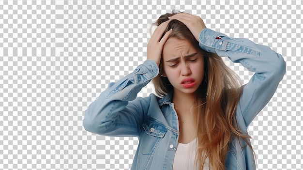 Una mujer joven con una chaqueta de vaqueros azul sostiene su cabeza en sus manos y mira hacia abajo en el dolor tiene el cabello largo rubio y una camisa blanca