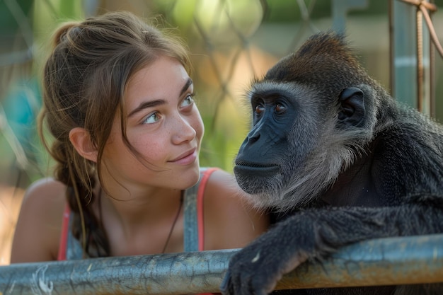 Mujer joven y chimpancé sentados uno al lado del otro en un momento de amistad en el zoológico