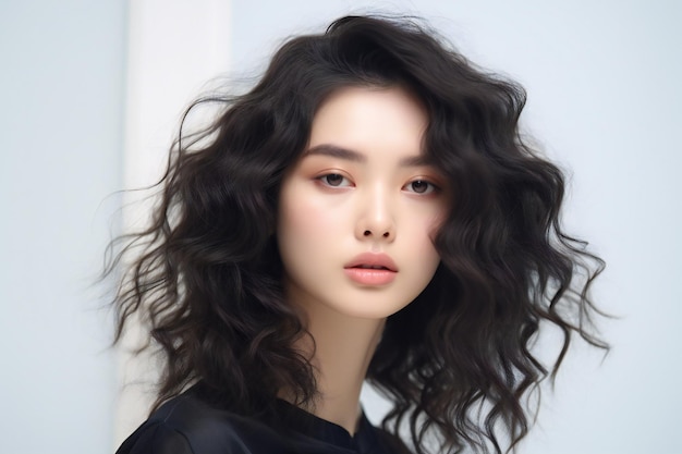 Mujer joven china de belleza con cabello estilo años 80 sobre fondo blanco suave