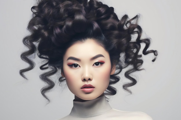 Mujer joven china de belleza con cabello estilo años 80 sobre fondo blanco suave