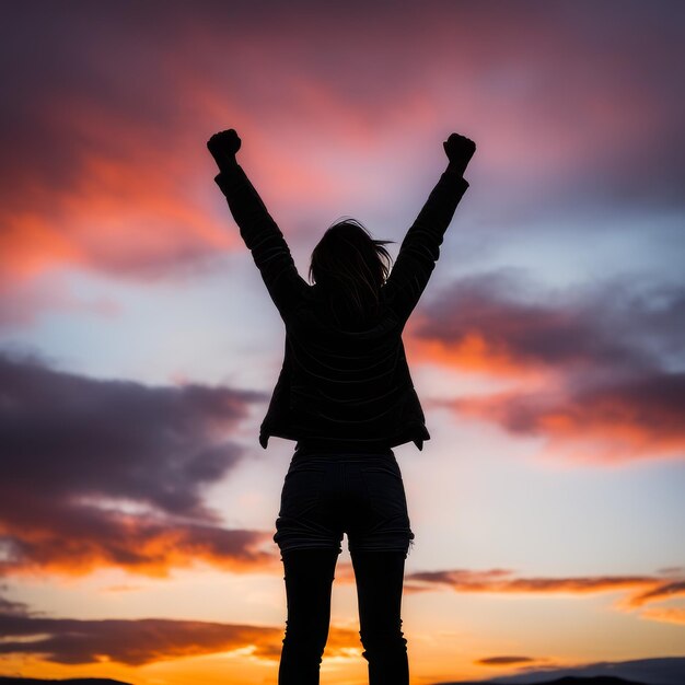 Foto mujer joven en el cielo de la puesta de sol mujer joven en la puesta del sol cielo