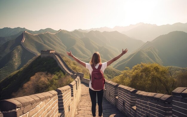 Mujer joven en la cima de la Gran Muralla de China brazos extendidos por la libertad IA generativa