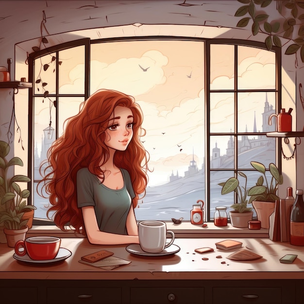 Una mujer joven en la cocina con una taza sonriendo alegremente Ilustración Generativa AI