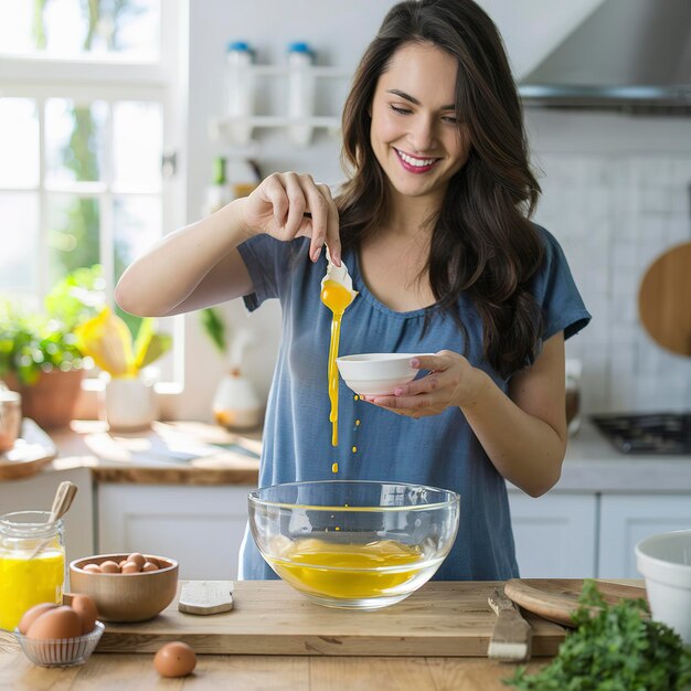 Foto mujer joven cocinando en una cocina brillante mano hecha crujidas yemas de huevo frescas goteando en el cuenco