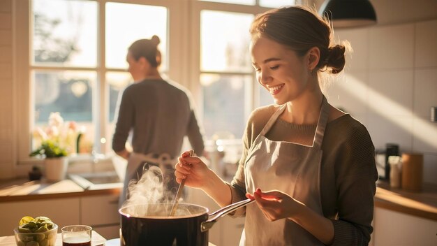 Mujer joven cocinando en la cocina por la mañana