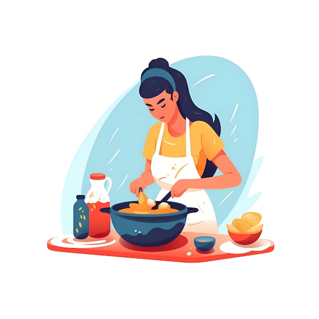 Mujer joven cocinando comida saludable ilustración en estilo de dibujos animados planos
