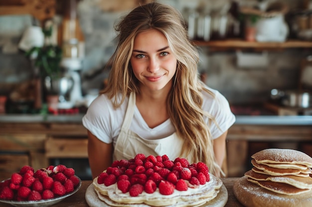 Mujer joven cocinando panqueques con fresas en la cocina