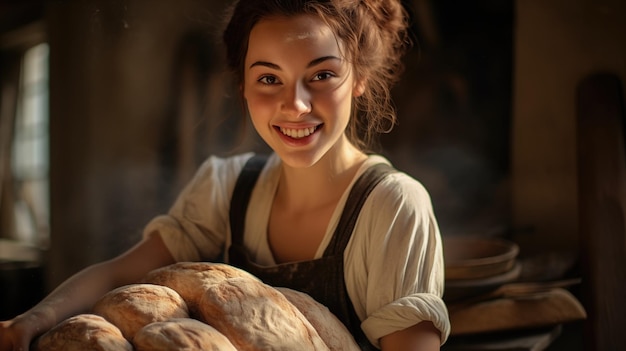 Foto mujer joven cocinando tomando pan recién horneado en la panadería para la venta sonriendo a la cámara