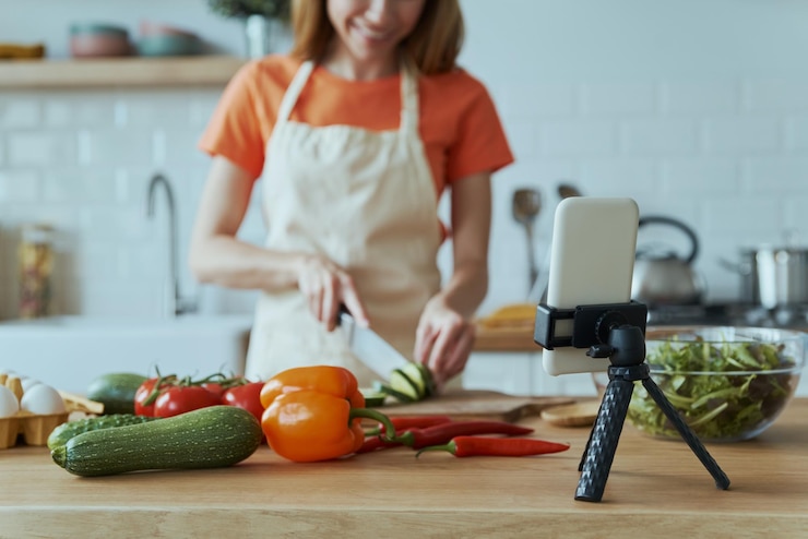 Foto mujer joven cocinando y vlogueando mientras está de pie en la cocina doméstica