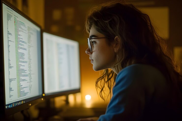 Foto mujer joven codificando en la oficina de casa con dos monitores por la noche