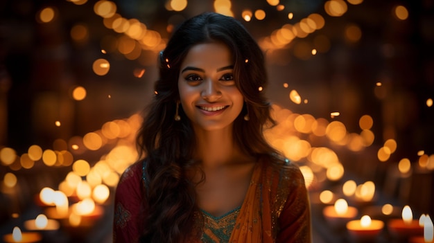 Mujer joven colocando diyas en la terraza con motivo de la luz de la lámpara de aceite Happy Diwali encendida en coloridos rangoli durante la celebración del diwali Festival hindú de las luces