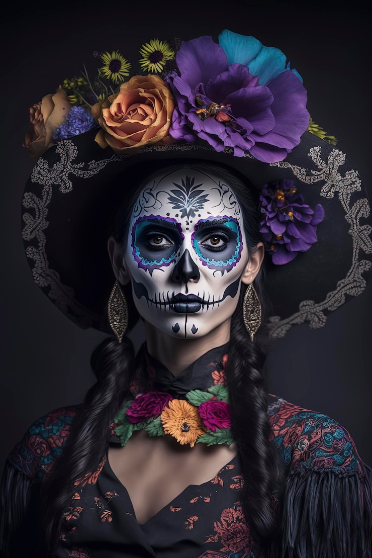 Foto mujer joven en colores vivos con maquillaje de día de muertos ia generativa