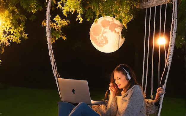 Una mujer joven en un columpio de jardín con su computadora portátil iluminada por la suave luz de la luna