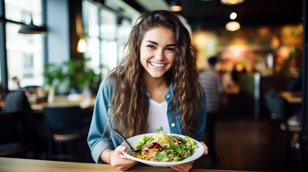 Foto mujer joven comiendo con comida en un restaurante