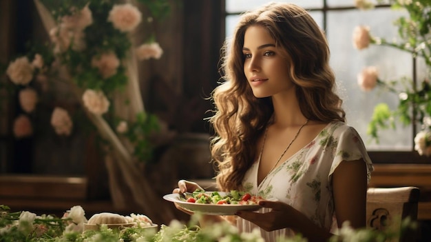 Mujer joven comiendo comida saludable sentada en el hermoso interior con flores verdes en el fondo