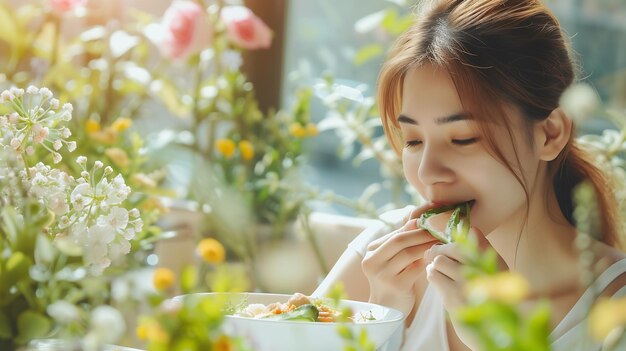 Mujer joven comiendo comida saludable sentada en el hermoso interior con flores verdes IA generativa