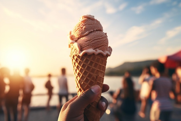 Mujer joven comiendo un cono de helado
