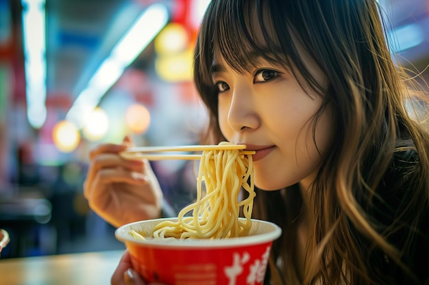 Foto mujer joven comiendo fideos chinos de una caja