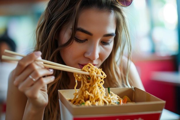 Foto mujer joven comiendo fideos chinos de una caja