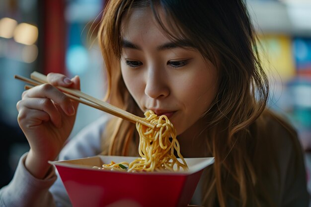 Foto mujer joven comiendo fideos chinos de una caja