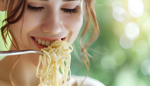 Mujer joven comiendo pasta sabrosa en primer plano de fondo verde