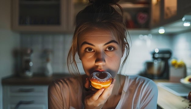 Foto mujer joven comiendo rosquillas en la cocina por la noche mal hábito
