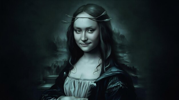 Mujer joven como Mona Lisa la Gioconda aislada en verde oscuro