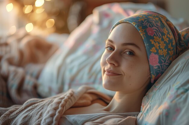 Mujer joven cómoda con cáncer con pañuelo floral en la cabeza