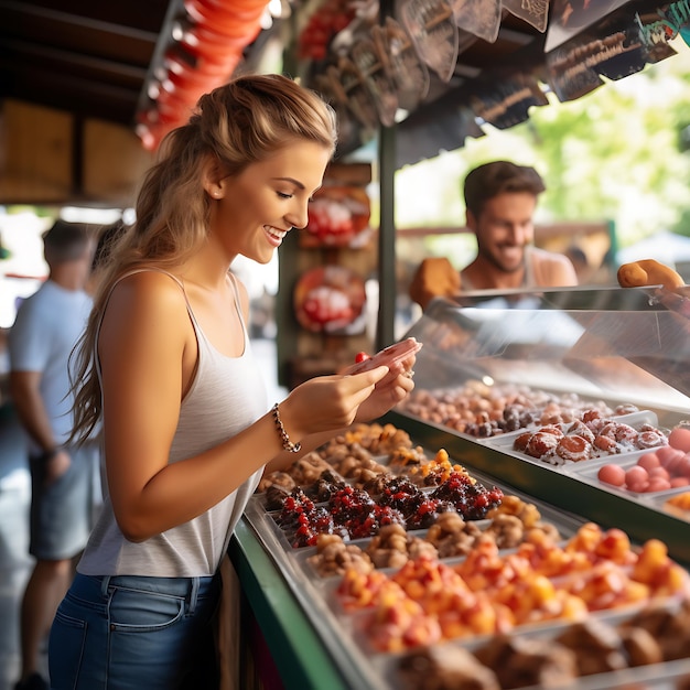 Foto una mujer joven compra frutas de chocolate en un puesto en un parque temático y coquetea con el vendedor
