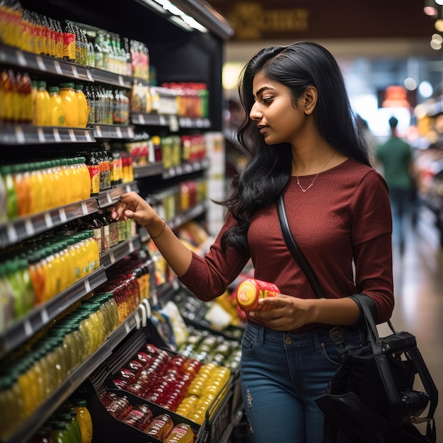 mujer joven comprando comestibles en una supermercado