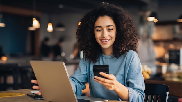 Mujer joven comprando en línea usando su teléfono inteligente y una tarjeta de crédito