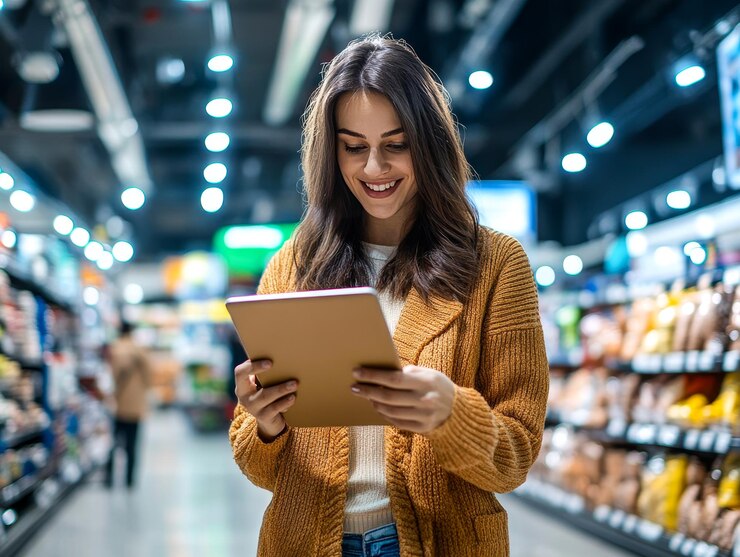 Mujer joven comprando en el pasillo del supermercado con una tableta