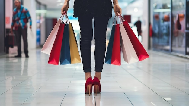 Mujer joven comprando con tacones altos en el centro comercial